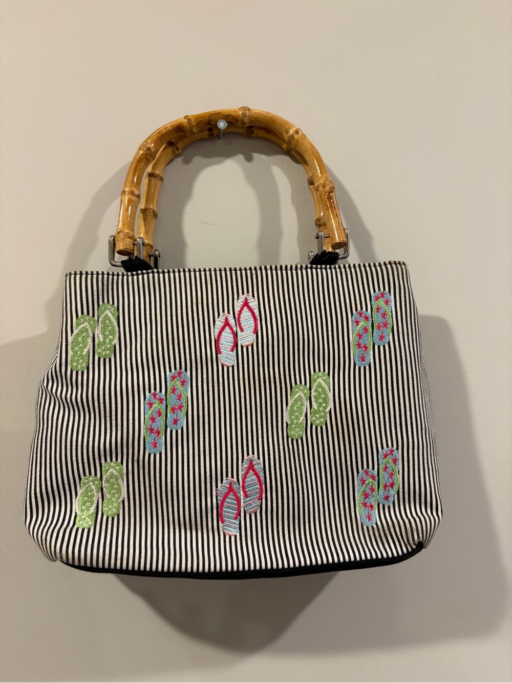Braciano Black & White Striped Tote with Bamboo Handles and Flip-Flop Embroidery